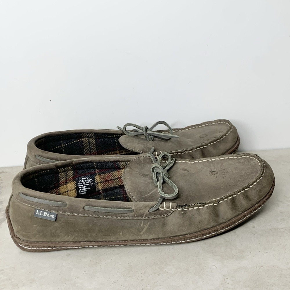 LL Bean Slippers Men Size 13 Shoes Gray Leather Flannel Lined Moccasins Slip On‎